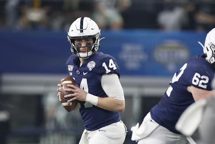 Penn State Nittany Lions quarterback Sean Clifford (14) looks to pass in the second quarter against the Memphis Tigers at AT&T Stadium. (Tim Heitman-USA TODAY Sports)